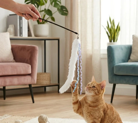 Cat Playing Stick With Ribbon And Fur