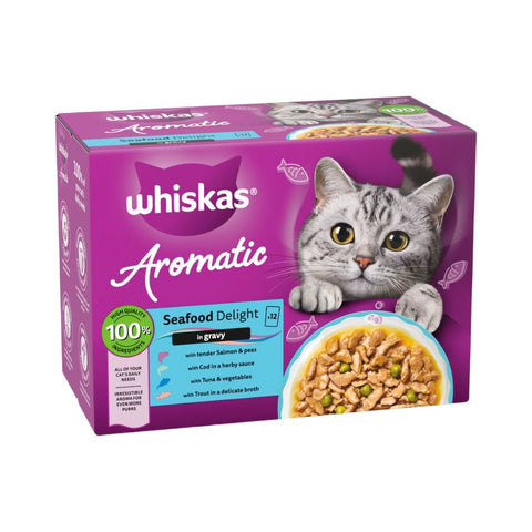 WHISKAS 1+ AROMATIC SEAFOOD Delight Wet Cat Food Pouches in Gravy  85g
