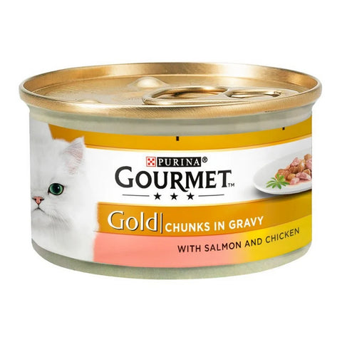 Gourmet Gold Tin Adult Wet Cat Food Salmon & Chicken Gravy - 85gm